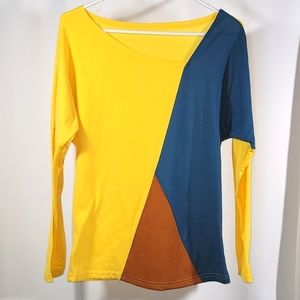 🌱 Vintage Mixed-media Colour Block Slub Top, 1980s Style, Geometry | M